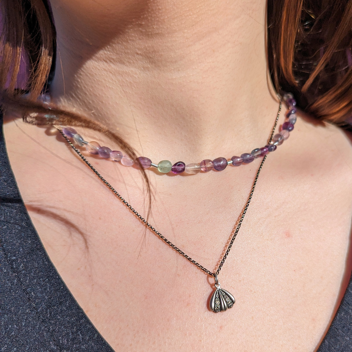 Ethereal Pebbles Choker Rainbow Fluorite Tumbled Beaded Necklace Sterling Silver